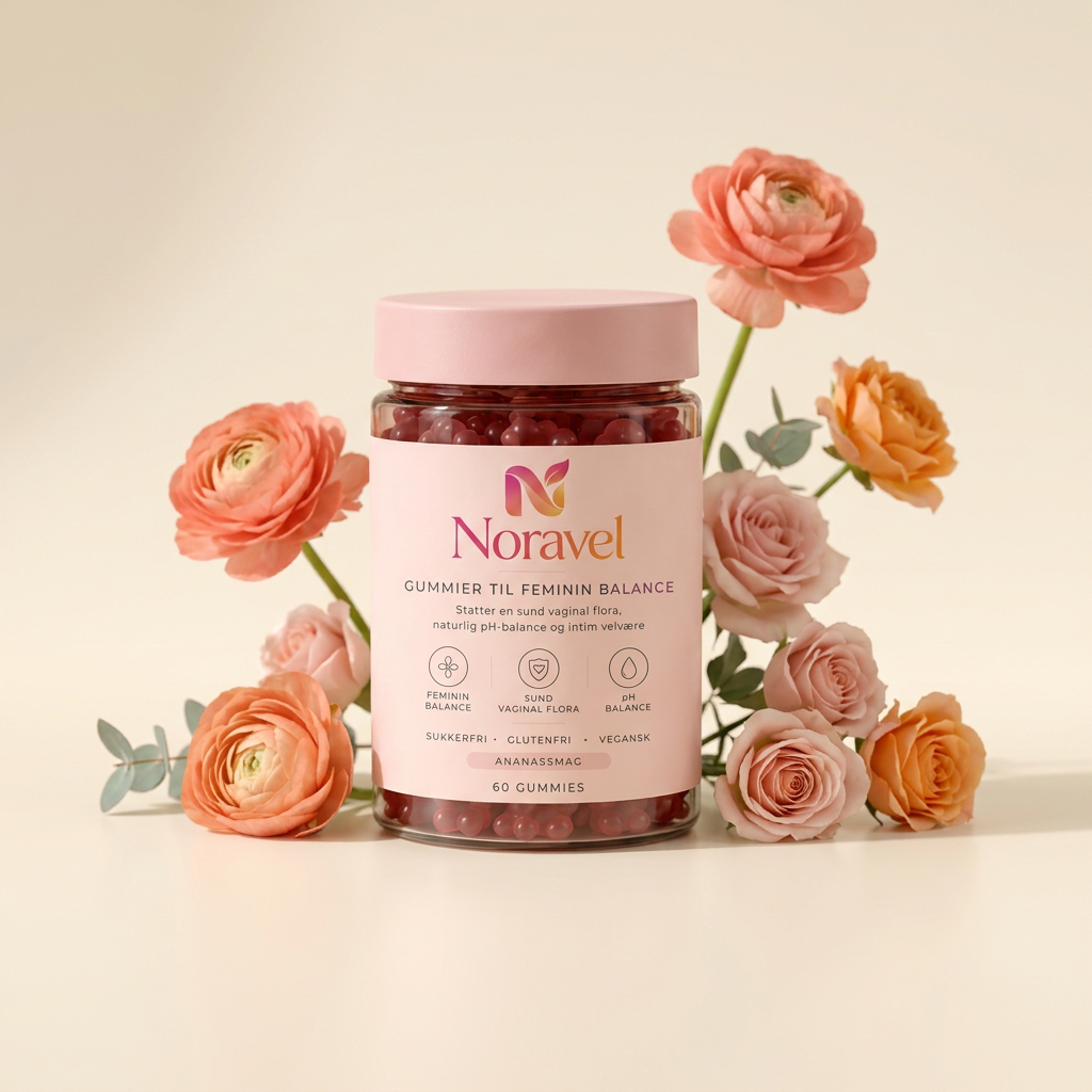 Noravel probiotiske gummies omgivet af blomster i varme nuancer